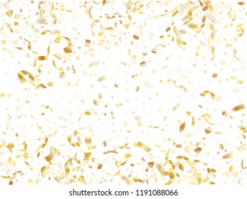 Gold glowing realistic confetti flying on white holiday vector backdrop. Creative flying sparkle elements, gold foil texture serpentine streamers confetti falling anniversary background.