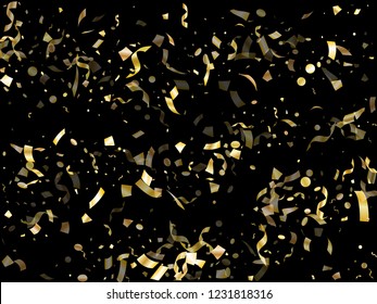 Gold glowing realistic confetti flying on black holiday vector backdrop. Beautiful flying sparkle elements, gold foil texture serpentine streamers confetti falling new year background.