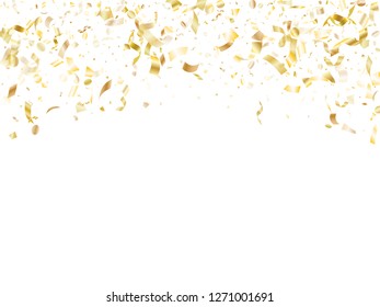Gold glowing realistic confetti flying on white holiday vector graphics. Cool flying sparkle elements, gold foil texture serpentine streamers confetti falling new year vector.