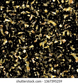 Gold glowing realistic confetti flying on black holiday vector backdrop. Beautiful flying sparkle elements, gold foil gradient serpentine streamers confetti falling xmas background.