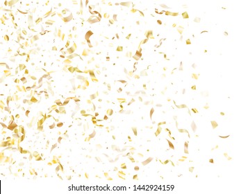 Gold glowing realistic confetti flying on white holiday vector design. Cool flying tinsel elements, gold foil texture serpentine streamers confetti falling birthday background.