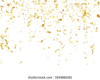 Gold glowing realistic confetti flying on white holiday vector background. Rich flying tinsel elements, gold foil texture serpentine streamers confetti falling xmas vector.