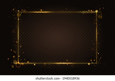 Gold glowing rectangular frame, light effect vector illustration. Luxury luminous golden neon frame lines with flying abstract sparkling flash, glares and particles on transparent black background