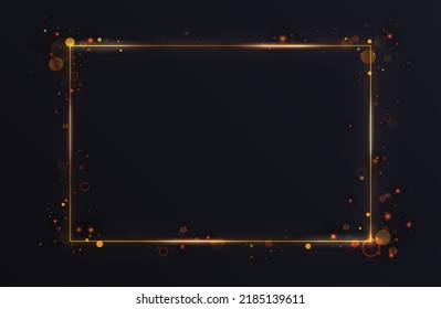 Gold glowing rectangular frame, light effect vector illustration. Luxury luminous golden neon frame lines with flying abstract sparkling flash, glares and particles on black background