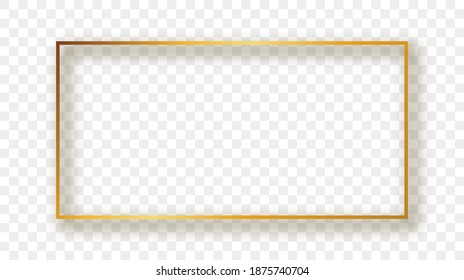 Gold glowing rectangular shape frame with shadow isolated on transparent background. Shiny frame with glowing effects. Vector illustration.