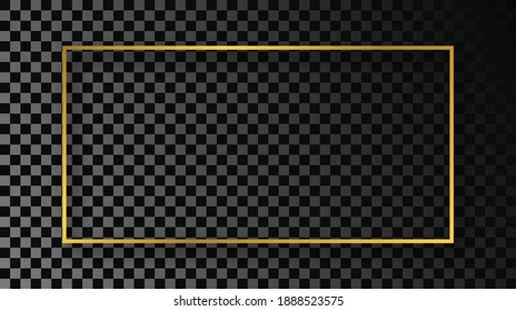 Gold glowing rectangular shape frame with shadow isolated on dark transparent background. Shiny frame with glowing effects. Vector illustration.