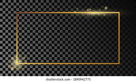 Gold glowing rectangular shape frame isolated on dark transparent background. Shiny frame with glowing effects. Vector illustration.