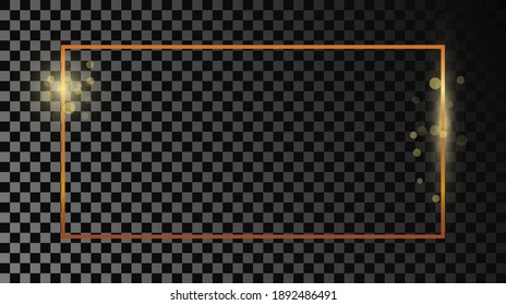 Gold glowing rectangular shape frame isolated on dark transparent background. Shiny frame with glowing effects. Vector illustration.