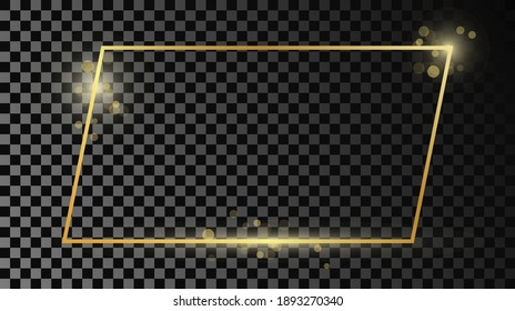 Gold glowing rectangular shape frame isolated on dark transparent background. Shiny frame with glowing effects. Vector illustration.
