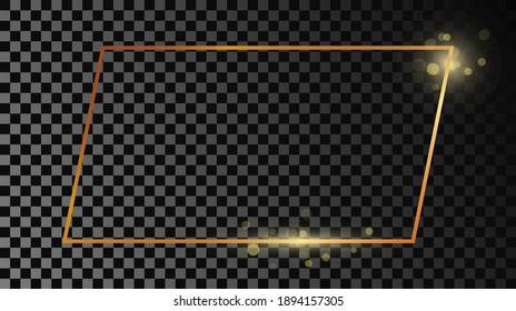 Gold glowing rectangular shape frame isolated on dark transparent background. Shiny frame with glowing effects. Vector illustration.