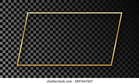 Gold glowing rectangular shape frame with shadow isolated on dark transparent background. Shiny frame with glowing effects. Vector illustration.