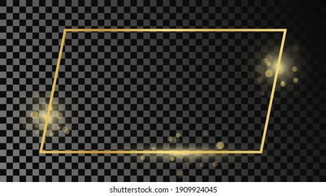Gold glowing rectangular shape frame isolated on dark transparent background. Shiny frame with glowing effects. Vector illustration.