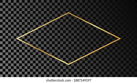 Gold glowing rhombus  shape frame isolated on dark transparent background. Shiny frame with glowing effects. Vector illustration.