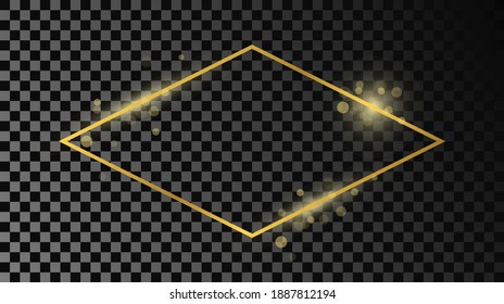 Gold glowing rhombus  shape frame isolated on dark transparent background. Shiny frame with glowing effects. Vector illustration.