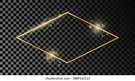 Marco de forma rhombus dorado resplandeciente aislado sobre fondo transparente oscuro. Marco brillante con efectos brillantes. Ilustración vectorial.