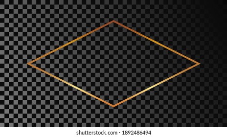 Gold glowing rhombus  shape frame isolated on dark transparent background. Shiny frame with glowing effects. Vector illustration.