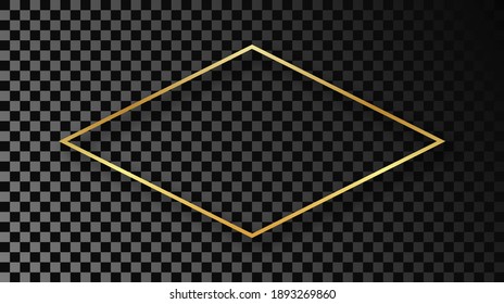 Gold glowing rhombus shape frame with shadow isolated on dark transparent background. Shiny frame with glowing effects. Vector illustration.