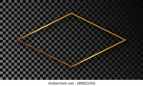 Gold glowing rhombus shape frame with shadow isolated on dark transparent background. Shiny frame with glowing effects. Vector illustration.