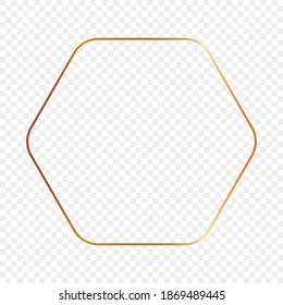 Gold glowing rounded hexagon frame isolated on transparent background. Shiny frame with glowing effects. Vector illustration.