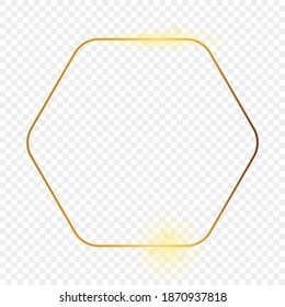 Gold glowing rounded hexagon frame isolated on transparent background. Shiny frame with glowing effects. Vector illustration.