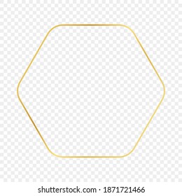 Goldener, abgerundeter Hexagonrahmen einzeln auf transparentem Hintergrund. Leuchtender Rahmen mit leuchtenden Effekten. Vektorgrafik.