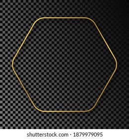 Gold glowing rounded hexagon frame with shadow isolated on dark transparent background. Shiny frame with glowing effects. Vector illustration.