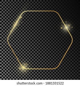 Gold glowing rounded hexagon frame isolated on dark transparent background. Shiny frame with glowing effects. Vector illustration.