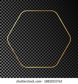 Gold glowing rounded hexagon frame isolated on dark transparent background. Shiny frame with glowing effects. Vector illustration.