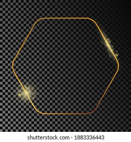 Gold glowing rounded hexagon frame isolated on dark transparent background. Shiny frame with glowing effects. Vector illustration.