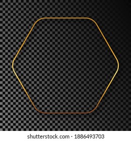 Gold glowing rounded hexagon frame with shadow isolated on dark transparent background. Shiny frame with glowing effects. Vector illustration.