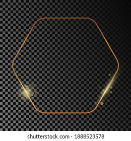 Gold glowing rounded hexagon frame isolated on dark transparent background. Shiny frame with glowing effects. Vector illustration.