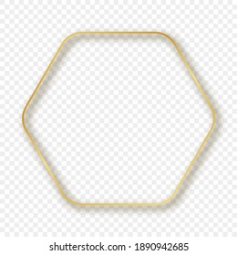 Gold glowing rounded hexagon frame with shadow isolated on transparent background. Shiny frame with glowing effects. Vector illustration.
