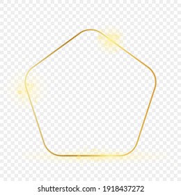 Gold glowing rounded pentagon shape frame isolated on transparent background. Shiny frame with glowing effects. Vector illustration.