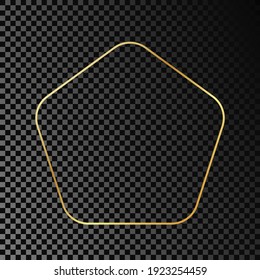 Gold glowing rounded pentagon shape frame isolated on dark transparent background. Shiny frame with glowing effects. Vector illustration.