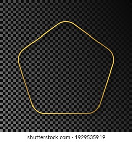 Gold glowing rounded pentagon shape frame with shadow isolated on dark transparent background. Shiny frame with glowing effects. Vector illustration.