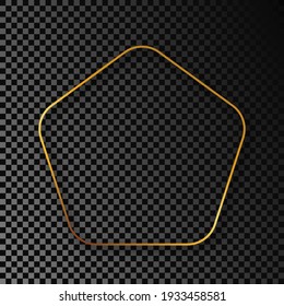 Marco de forma dorado de pentágono redondeado con sombra aislada sobre fondo transparente oscuro. Marco brillante con efectos brillantes. Ilustración vectorial.