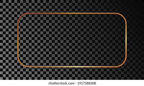 Gold glowing rounded rectangular frame isolated on dark transparent background. Shiny frame with glowing effects. Vector illustration.