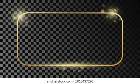 Gold glowing rounded rectangular frame isolated on dark transparent background. Shiny frame with glowing effects. Vector illustration.