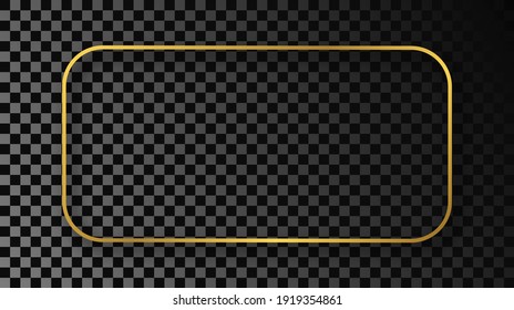 Gold glowing rounded rectangular frame with shadow isolated on dark transparent background. Shiny frame with glowing effects. Vector illustration.