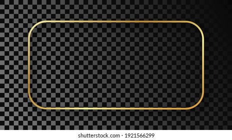 Gold glowing rounded rectangular frame with shadow isolated on dark transparent background. Shiny frame with glowing effects. Vector illustration.