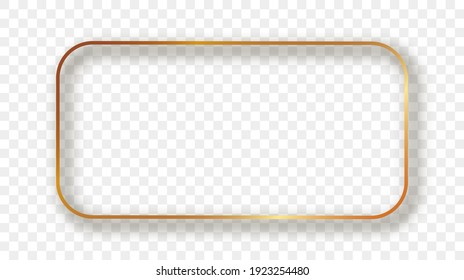 Gold glowing rounded rectangular frame with shadow isolated on transparent background. Shiny frame with glowing effects. Vector illustration.