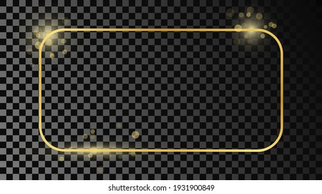 Gold glowing rounded rectangular frame isolated on dark transparent background. Shiny frame with glowing effects. Vector illustration.