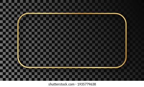 Gold glowing rounded rectangular frame with shadow isolated on dark transparent background. Shiny frame with glowing effects. Vector illustration.