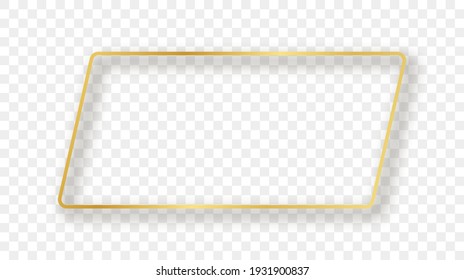 Gold glowing rounded rectangular shape frame with shadow isolated on transparent background. Shiny frame with glowing effects. Vector illustration.