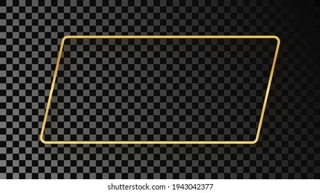 Gold glowing rounded rectangular shape frame with shadow isolated on dark transparent background. Shiny frame with glowing effects. Vector illustration.