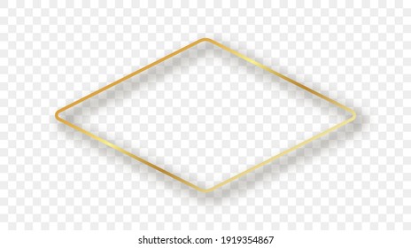 Marco redondeado dorado de forma de rhombus con sombra aislada sobre fondo transparente. Marco brillante con efectos brillantes. Ilustración vectorial.