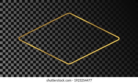 Marco de forma redondeado dorado con forma de rhombus aislado sobre fondo transparente oscuro. Marco brillante con efectos brillantes. Ilustración vectorial.