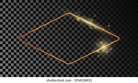 Gold glowing rounded rhombus shape frame isolated on dark transparent background. Shiny frame with glowing effects. Vector illustration.