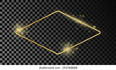 Gold glowing rounded rhombus shape frame isolated on dark transparent background. Shiny frame with glowing effects. Vector illustration.