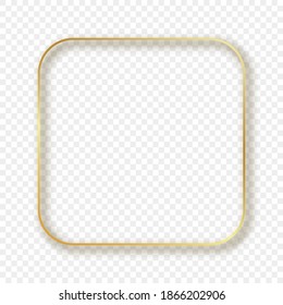 Gold glowing rounded square frame with shadow isolated on transparent background. Shiny frame with glowing effects. Vector illustration.